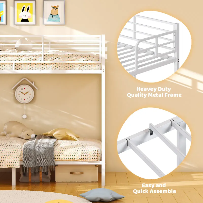 White Twin Bunk Bed Square Tube High Guardrail Side Ladder — photo 8