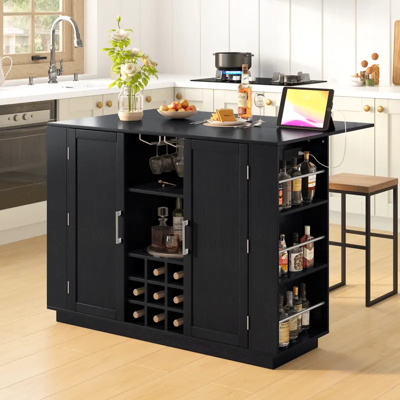 U-style 47.2 Kitchen Island with Drop Leaf & Power Outlet Wine