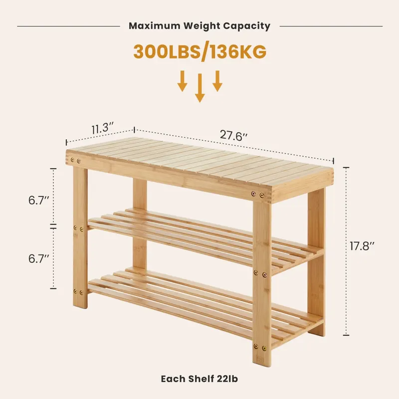 Three-tier Shoe Rack Bench — Bamboo Entrance Storage Organizer — photo 5