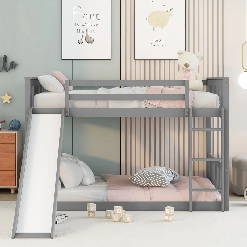 Full Over Full Bunk Bed with Slide and Ladder in Grey Color — photo 4