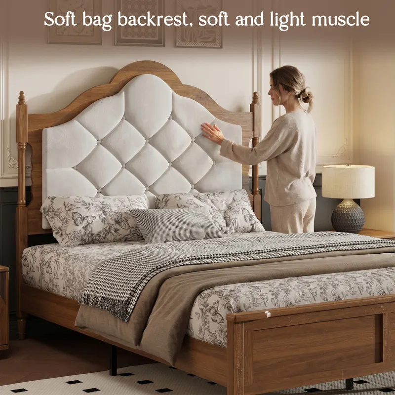 Queen Size Wood Bed Frame with Upholstered Headboard & Footboard