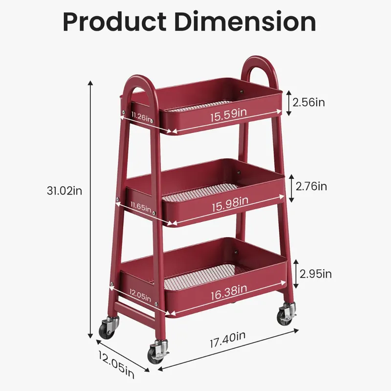 3-Tier Rolling Cart — Metal Utility Storage Cart — photo 6
