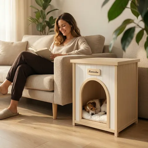 Modern Indoor Wooden Dog House with Removable Cushion