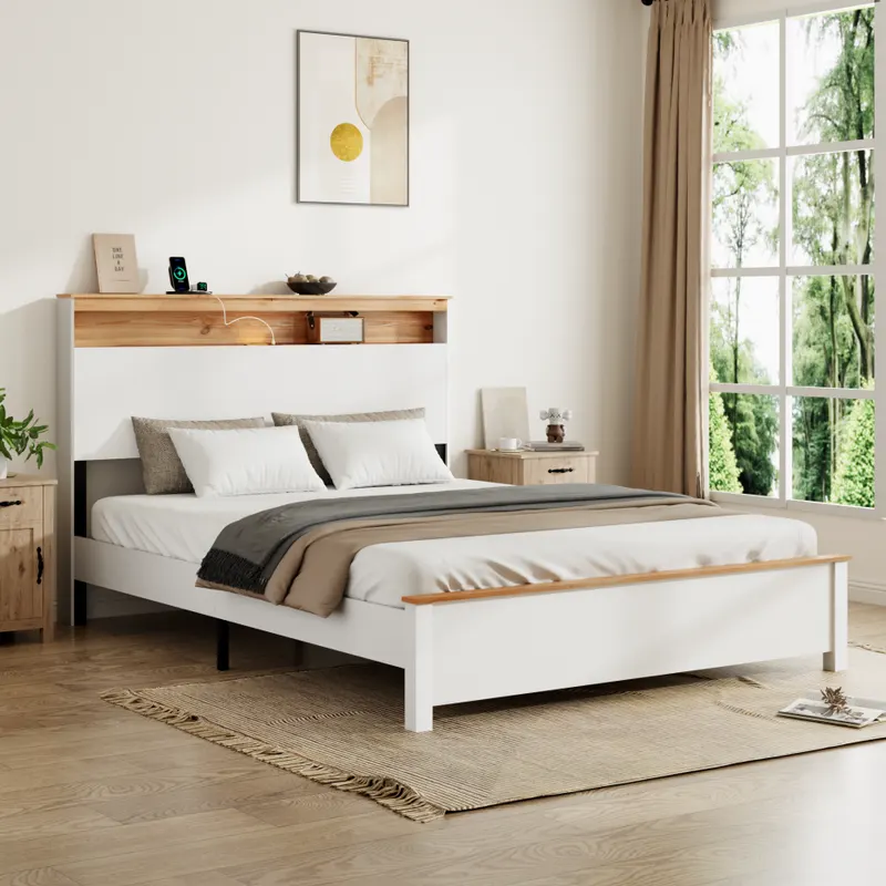 Queen Farmhouse Wood Bed Frame with Storage Headboard & Charging — photo 3