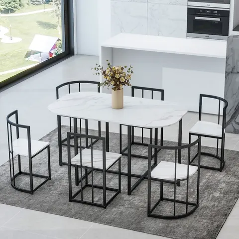 Modern 7- Piece Dining Table Set with Faux Marble Compact 55Inch