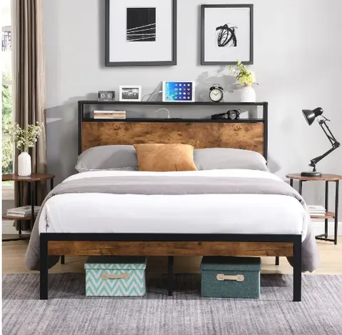 Queen Size Metal Platform Bed Frame with Wooden Headboard