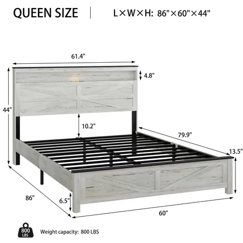 Queen Bed Frame with LED — Charging Station & Hidden Storage