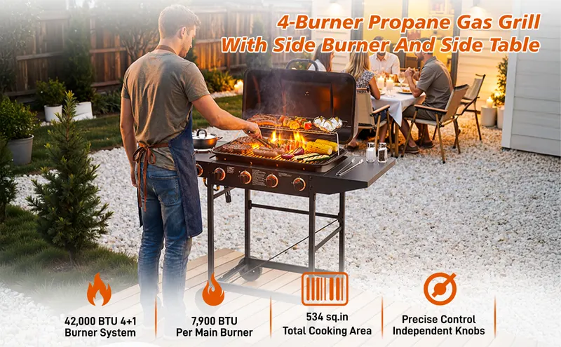 4 Burner BBQ Propane Gas Grill with Side Burner 42000 BTU Output — photo 6
