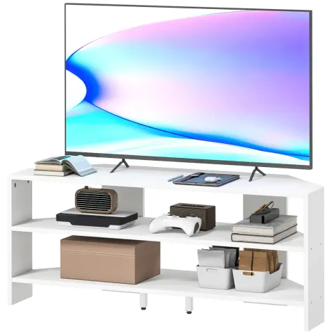 Corner TV Stand — Modern TV Table with 2 Open Shelves for 47