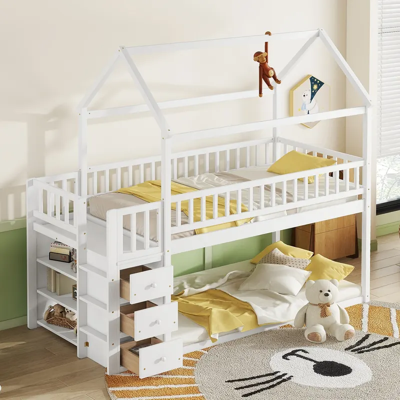 TWIN TWIN HOUSE BUNK BED WITH SHELVES AND DRAWERS FOR WHITE — photo 5