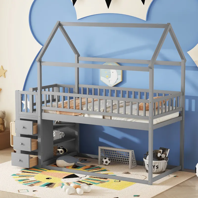 TWIN TWIN HOUSE BUNK BED WITH SHELVES AND DRAWERS FOR GREY COLOR — photo 3