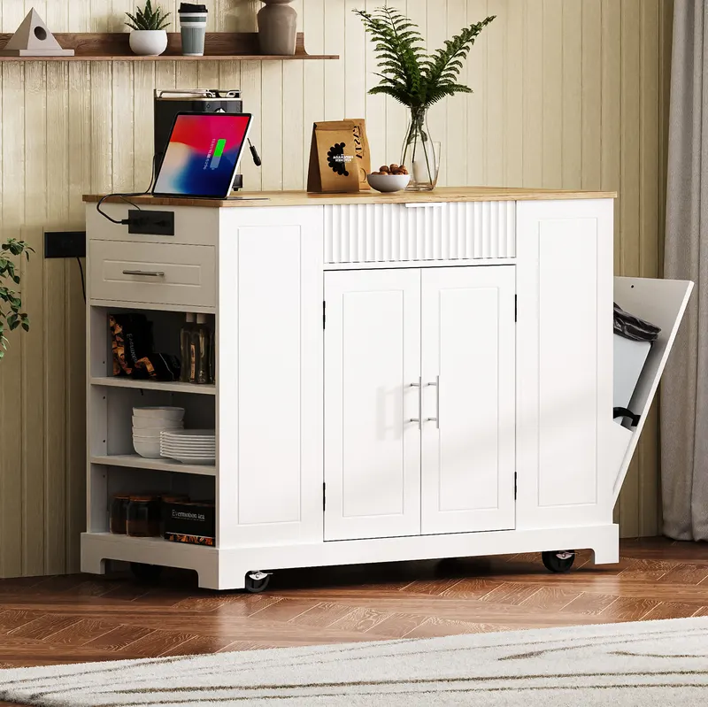 K & K Fluted Kitchen Island with Trash Can Storage Cabinet — photo 3