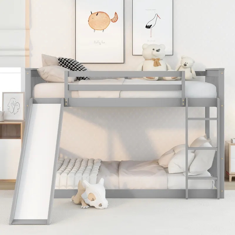 Full Over Full Bunk Bed with Slide and Ladder in Grey Color — photo 2