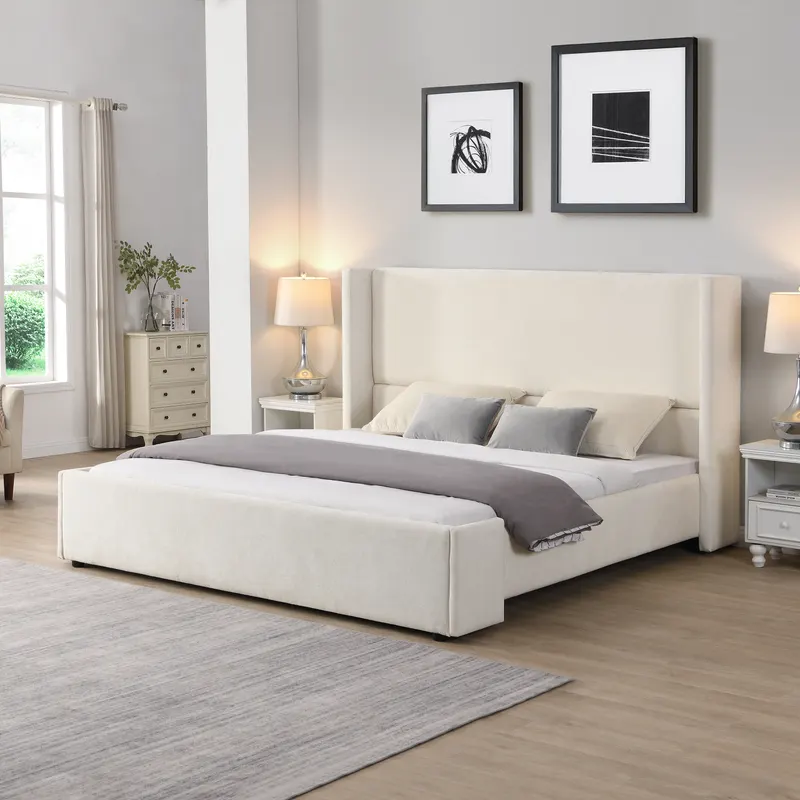 Elegant White Fabric Upholstered Bed with Tall Headboard