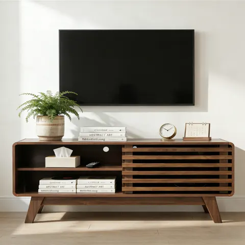 TV Stand with Storage — Entertainment Center with Slatted