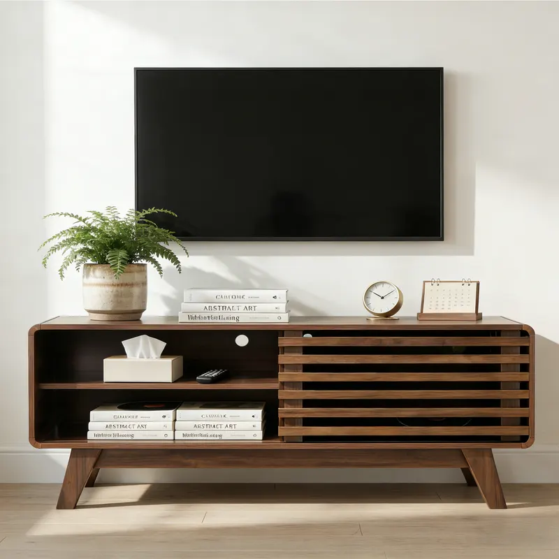 TV Stand with Storage — Entertainment Center with Slatted