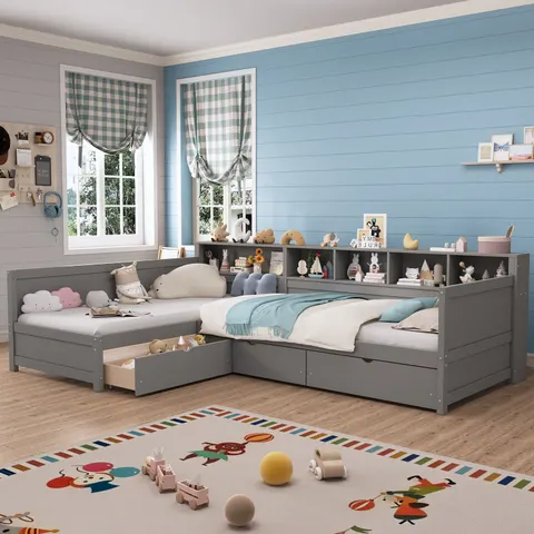 Twin Size Day Bed for 2 — L- Shape Twin Size Bed Frame