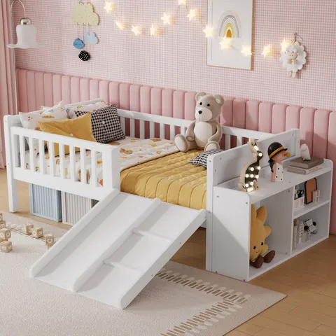 Twin Size Low Loft Bed for Kids with Slide