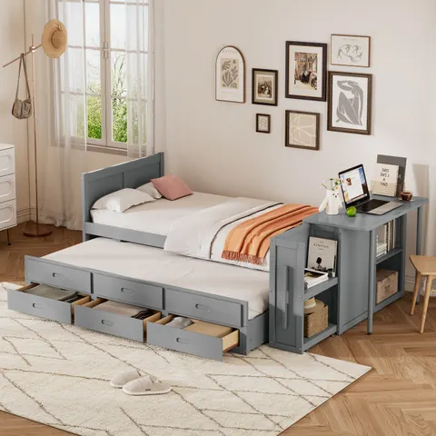 Twin Size Multifunctional Wood Platform Bed with Desk