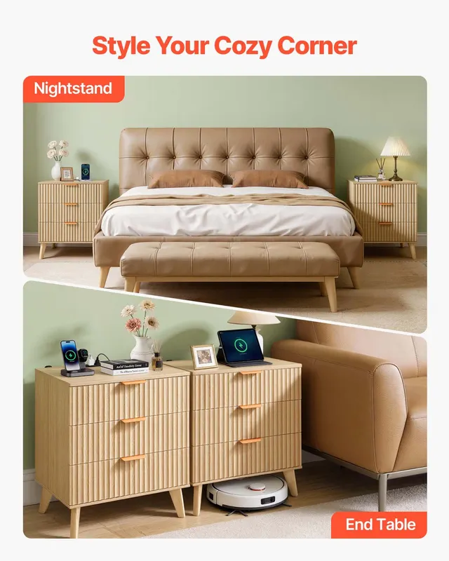 Fluted Nightstands with Charging Station