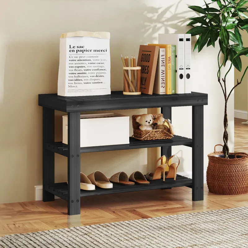 Three-tier Shoe Rack Bench — Bamboo Entrance Storage Organizer — photo 2