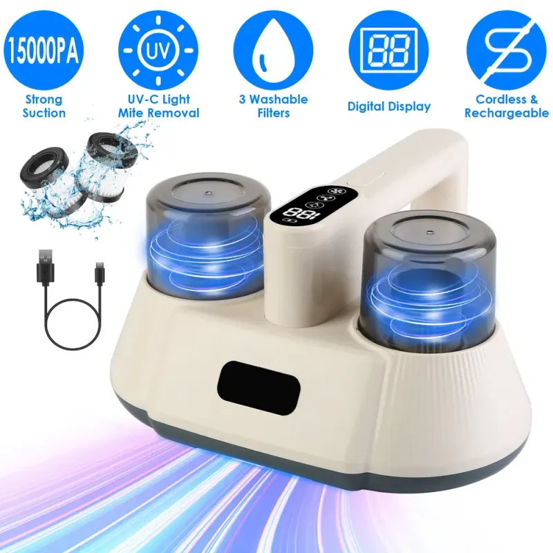 15000PA Double-cup Bed Vacuum Cleaner with UV-C Light Cordless