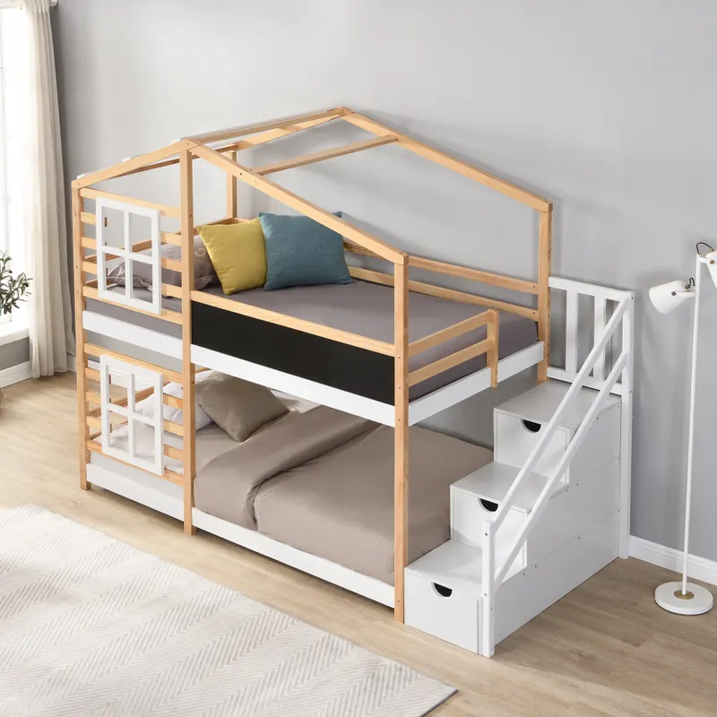 Twin Over Twin Bunk Bed House Bed with Roof Windows Blackboard β photo 3