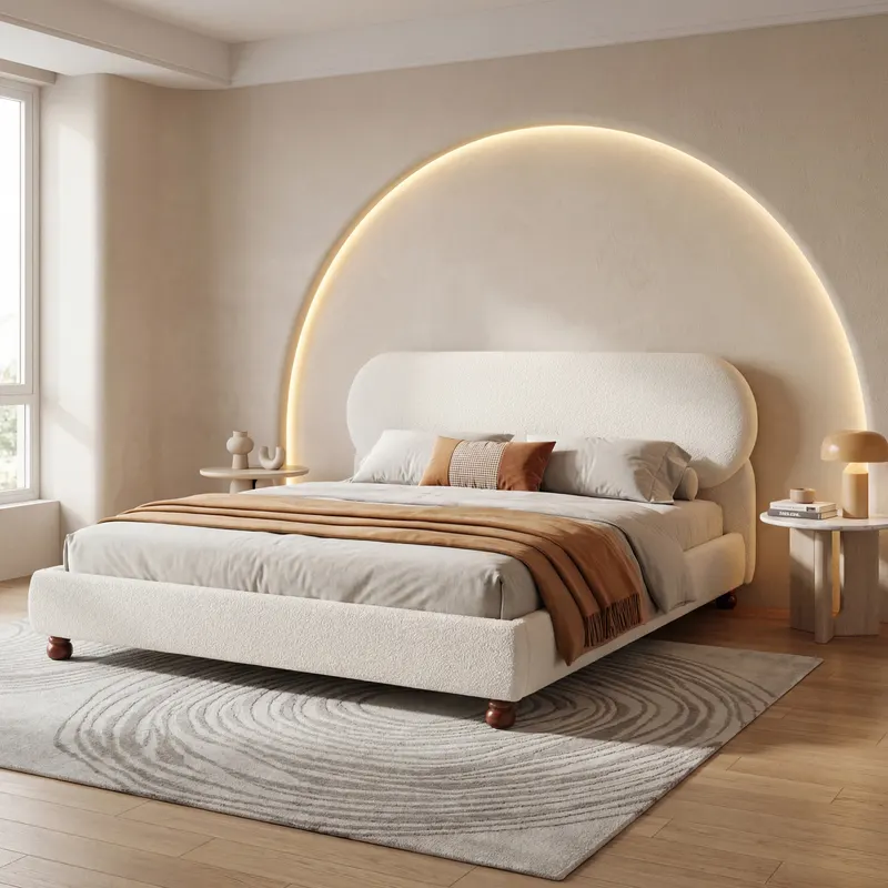 Cream-colored Boucle Upholstered Bed with Rubber Wood Foot