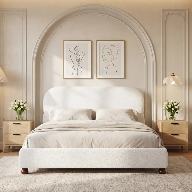 Cream-colored Boucle Upholstered Bed with Rubber Wood Foot — photo 2