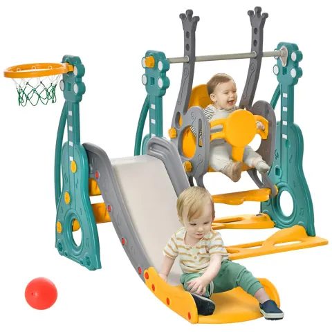 4-in-1 Kids Slide and Swing Set with Basketball Hoop