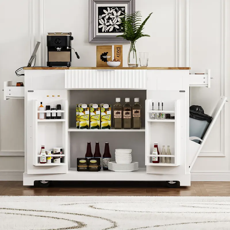 K & K Fluted Kitchen Island with Trash Can Storage Cabinet — photo 2