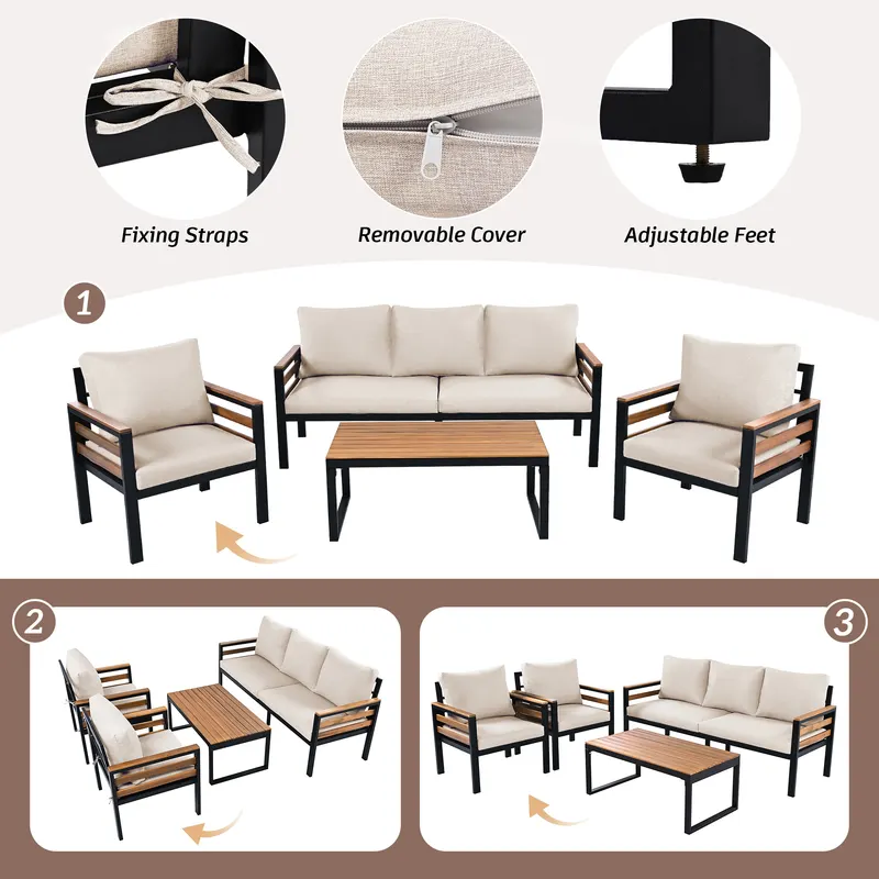 4-Piece Outdoor Furniture Sofa Set for 5 People with Acacia Wood β photo 5