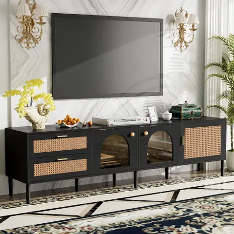Rattan TV Stand with 3 Cabinets & 2 Drawers