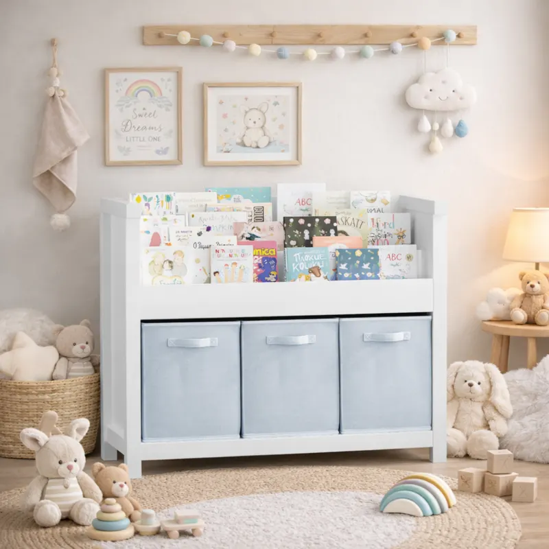 Kids Bookshelf with 3 Tier Front-facing Storage and 3 Fabric — photo 2