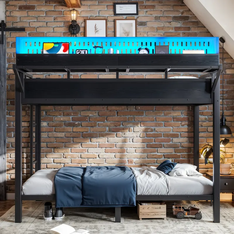 Twin XL Over Twin XL Size Metal Bunk Bed with Storage Shelves — photo 4