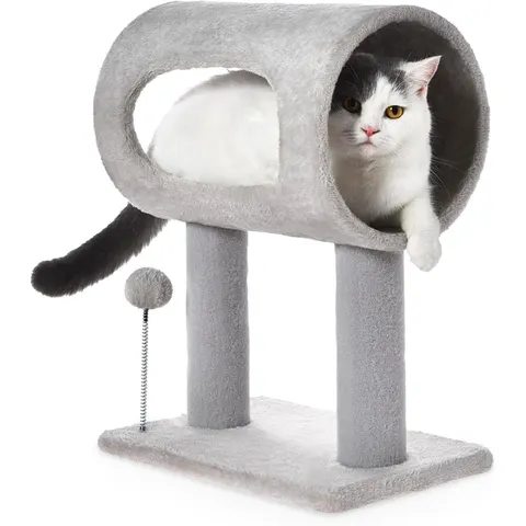 Gray Indoor Cat Tree with Hanging Ball 20.5Cat Tree with Tunnel
