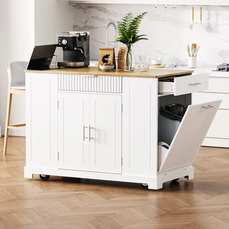 K & K Fluted Kitchen Island with Trash Can Storage Cabinet — photo 5