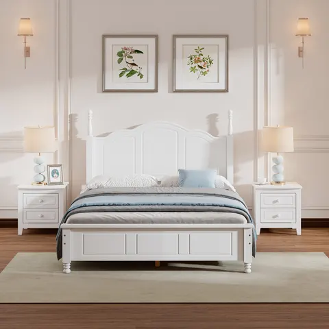 3-Pieces Bedroom Sets — Full Size Wood Platform Bed and Two