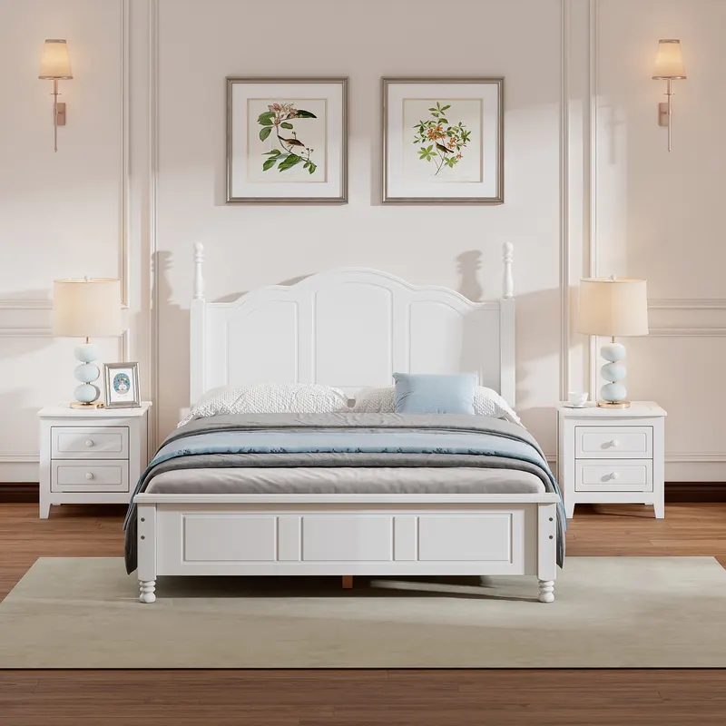 3-Pieces Bedroom Sets — Full Size Wood Platform Bed and Two