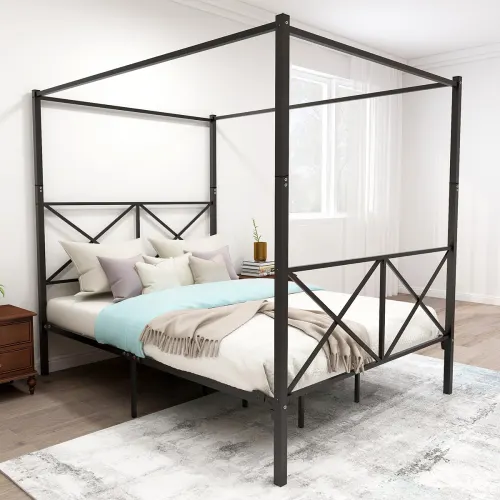 Metal Canopy Bed Frame — Platform Bed Frame Queen with X Shaped
