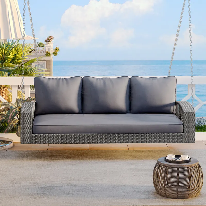 69 PE Wicker 3-Person Porch Swing with Chains β photo 2