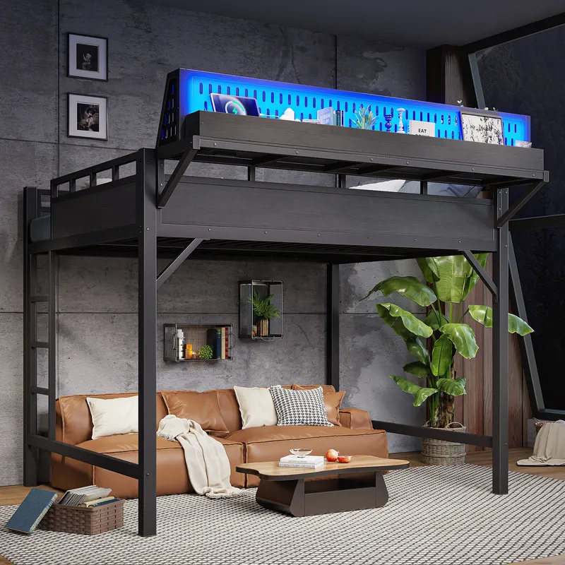 Queen Size Loft Bed Frame with Storage Shelves and Pegboard — photo 5