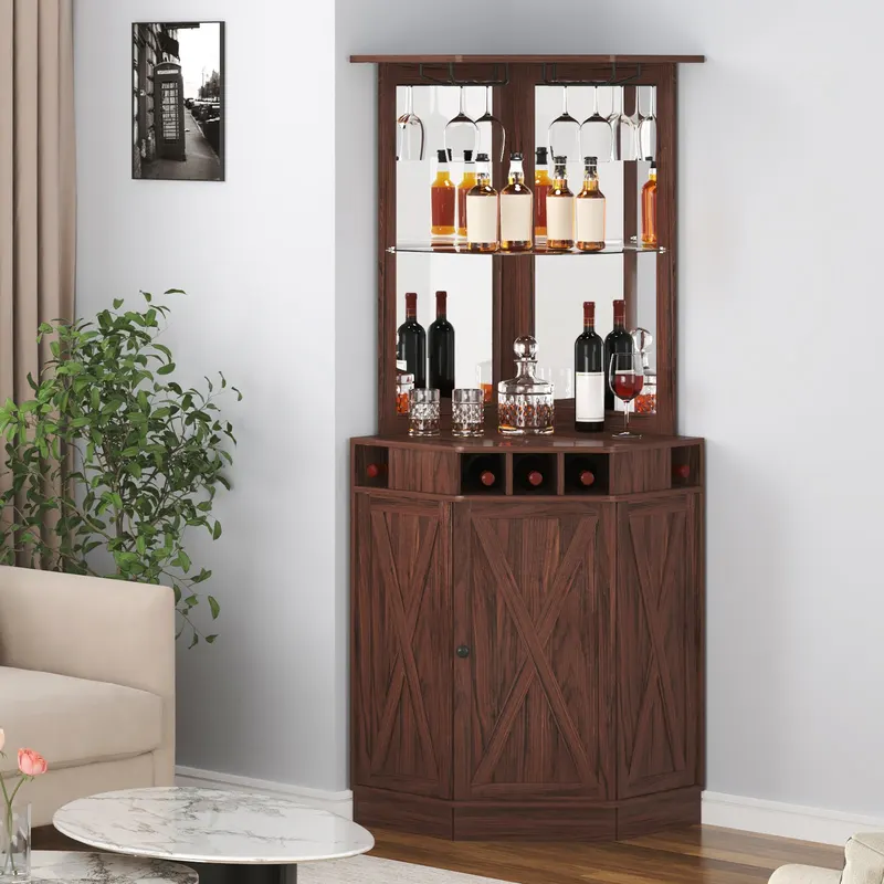 Corner Industrial Bar Cabinet — Wine Table for Liquor & Glasses