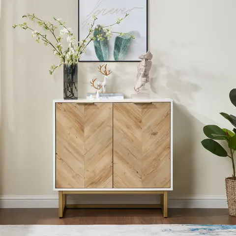 White and Gold Storage Cabinet with 2 Doors
