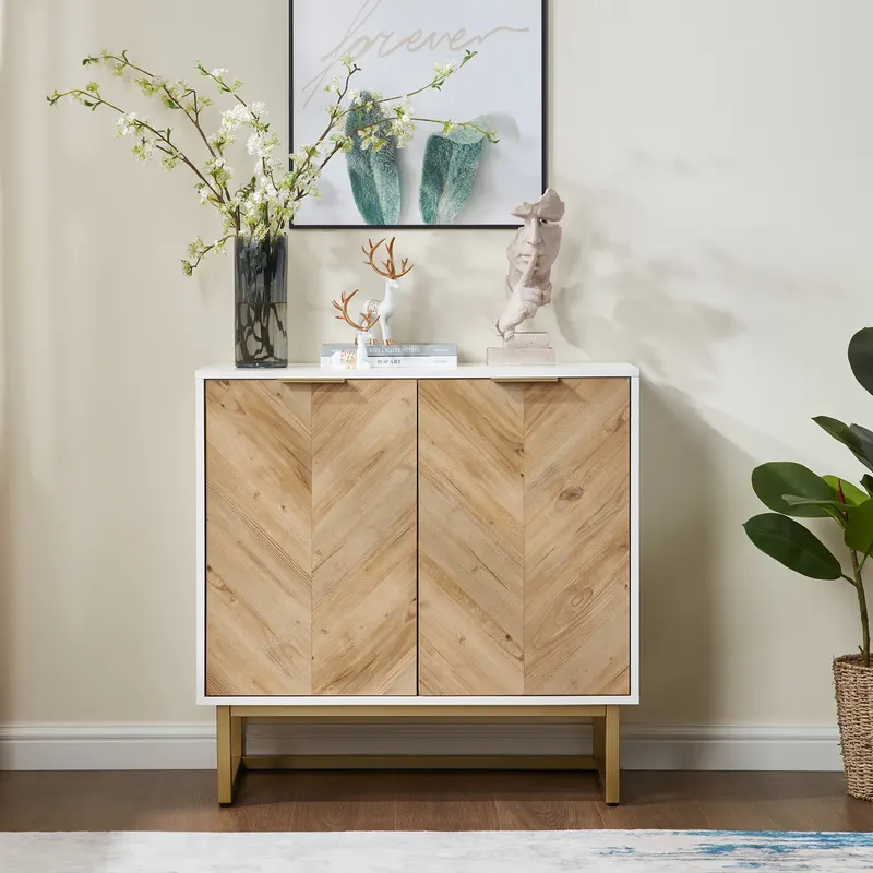White and Gold Storage Cabinet with 2 Doors