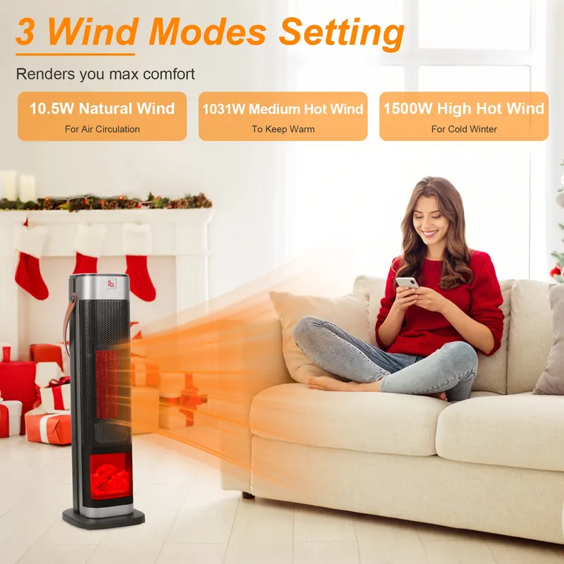 1500W Oscillating Ceramic Tower Space Heater with 3D Flame β photo 5
