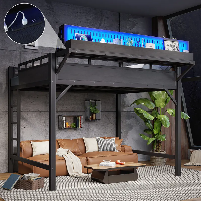 Queen Size Loft Bed Frame with Storage Shelves and Pegboard — photo 3