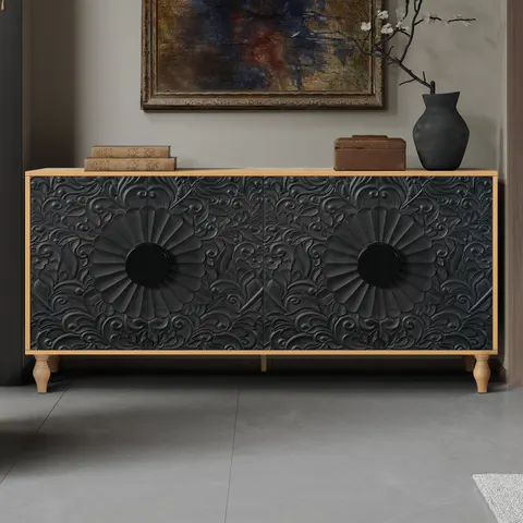 Black Carved Symmetrical Design Door and Wood Coloured Frame