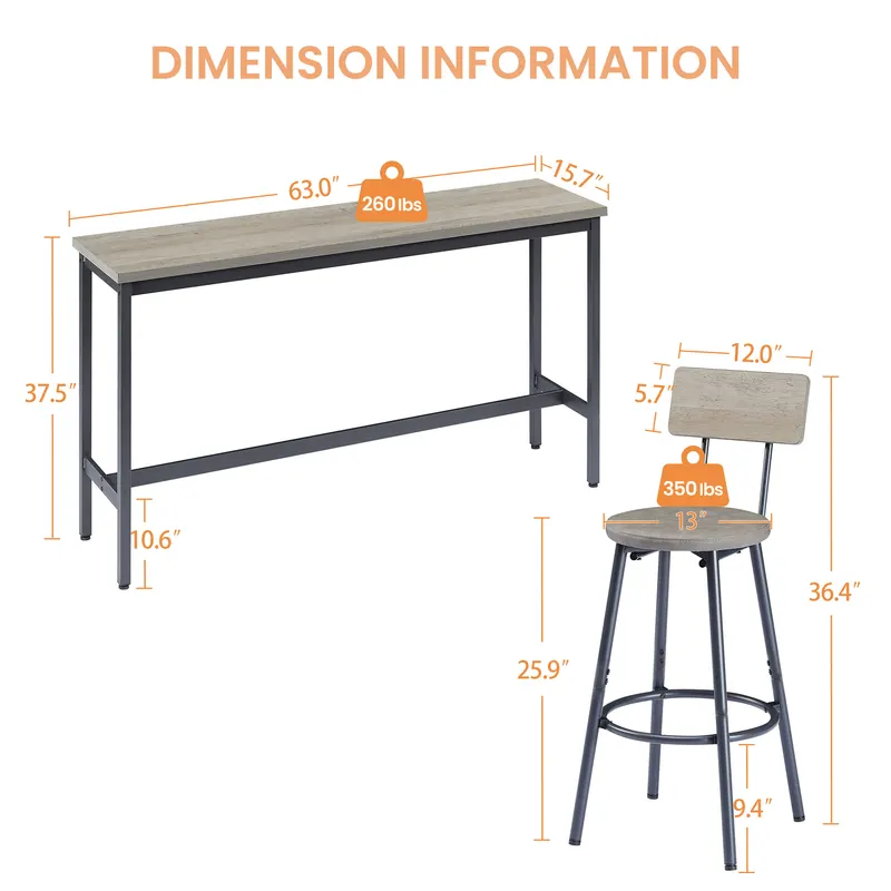Long Bar Table Set with 3 PU Upholstered Bar Stools β photo 3