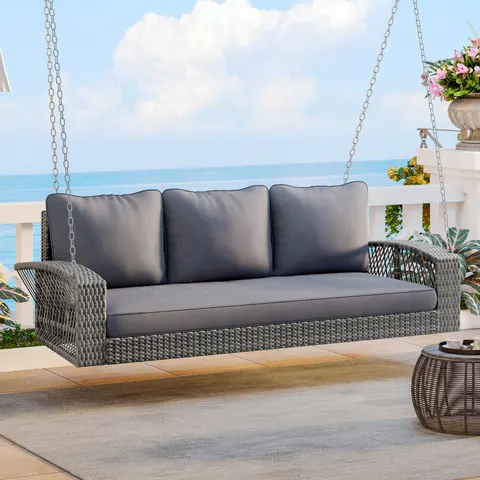 69 PE Wicker 3-Person Porch Swing with Chains
